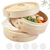 Steamer Bamboo 20 cm 2 Tier Bamboo Steamer for Rice, Dim Sum, Vegetables, Fish and Meat - Dumpling Maker with 5 Cotton Cloths