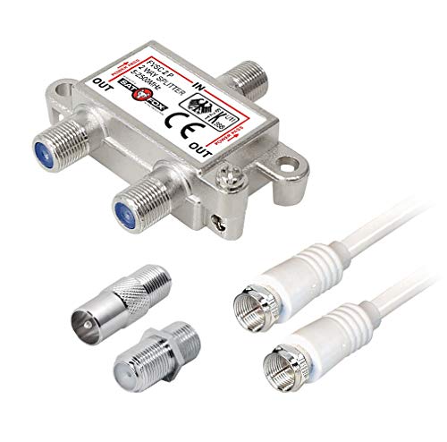 2-Fach Verteiler Adapter Kabel Antennen TV Radio F-Stecker SAT Splitter Metall TV-Verteiler inkl. Adapter + 2 x 1.5m Kabel + 1 x F Stecker auf Koax Stecker + 1 x F Buchse auf Koax Kupplung