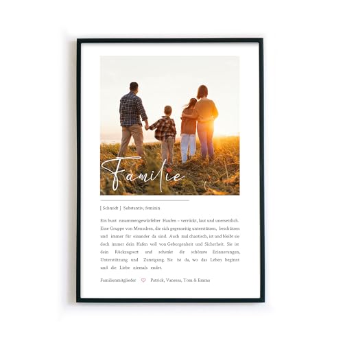 Personalisierte Poster Familie Definition mit Foto - Persönliches Weihnachtsgeschenk, Geburtstag, zu Weihnachten für Mama, Papa, Oma, Opa – optional mit Bilderrahmen
