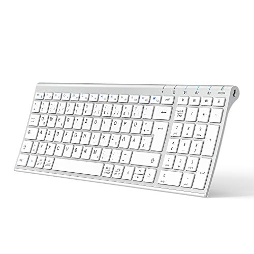 iClever BK10 Bluetooth Tastatur, Kabellos Tastatur mit 3 Bluetooth Kanälen, Stabile Verbindung, Ultraslim wiederaufladbare QWERTZ Deutsche Keyboard, Funk Tastatur für iOS, Android, Windows (Silber)