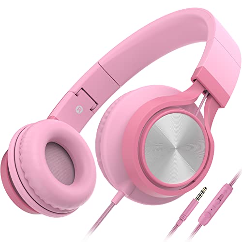 AILIHEN C8 Kopfhörer mit Kabel Mikrofon und Lautstärkeregler Faltbar 3,5mm Headsets On-Ear für Smartphones PC Laptop (Pink)