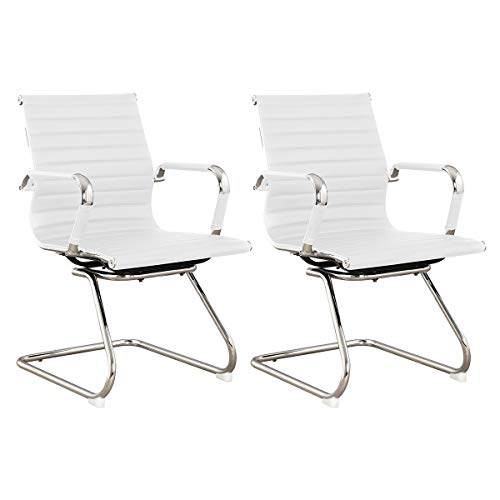 SVITA Elegance 2X Besucherstuhl Kunstleder Freischwinger-Stuhl mit Armlehne Konferenzstuhl ohne Rollen Armlehnstuhl Office-Stuhl Weiß