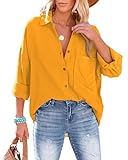 NONSAR Bluse Damen Lässiges Hemd mit V-Ausschnitt 100% Baumwolle Lockere Passform Solide Dickes Oberteil Elegant mit Tasche(9353M,Gelb)