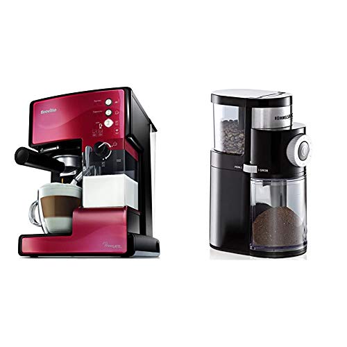 Breville PrimaLatte Kaffee- und Espressomaschine | italienische Pumpe mit 15 Bar | Metallic/Rot | VCF046X & ROMMELSBACHER Kaffeemühle EKM 200 – Füllmenge Bohnenbehälter 250 g, 110 Watt, schwarz