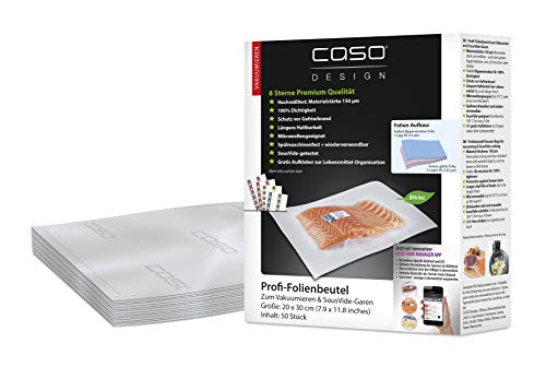 CASO Profi- Folienbeutel 20x30 cm / 50 Beutel, für alle Vakuumierer, BPA-frei, sehr stark & reißfest ca. 150µm, aromadicht, kochfest, Sous Vide, wiederverwendbar, inkl. Food Manager Sticker