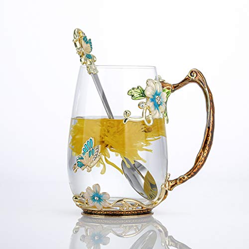 Luka Tech handgemachte Emaille Schmetterling Blume Glas Kaffeetassen Teetasse mit Löffel,personalisierte Geschenke für Frauen freundin Geburtstag Mutter Valentinstag Muttertag muttertagsgeschenk