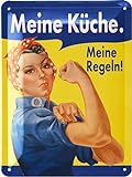 LANOLU Retro Blechschild Küche - Vintage Schild mit Spruch - MEINE KÜCHE MEINE REGELN - lustige Wanddeko Küche - Poster als Metallschild mit Stanzung 15x20 cm