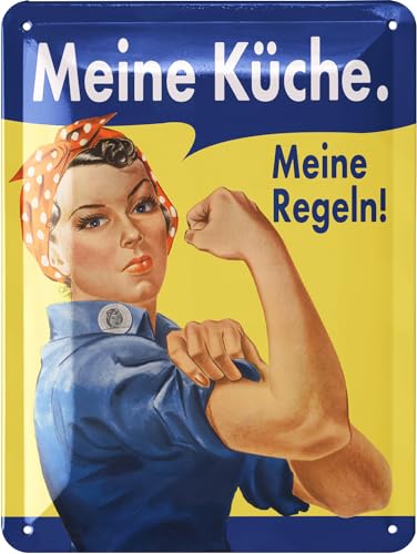 LANOLU Retro Blechschild Küche - Vintage Schild mit Spruch - MEINE KÜCHE MEINE REGELN - lustige Wanddeko Küche - Poster als Metallschild mit Stanzung 15x20 cm