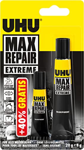 UHU 45825 Max Repair Extreme, Extra starker und universeller Reparaturkleber transparent 20g + 8g extra.