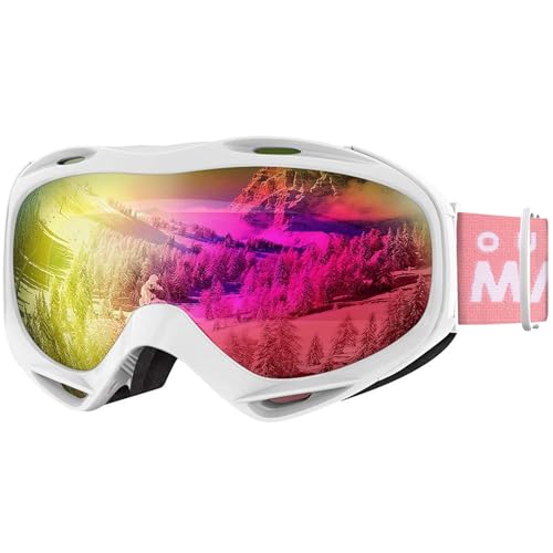 OutdoorMaster Premium Skibrille, Snowboardbrille Schneebrille OTG 100% UV-Schutz, helmkompatible Ski Goggles für Damen&Herren/Jungen&Mädchen(Weißer Rahmen + VLT 13% Pink Gläser mit vollem REVO Pink)