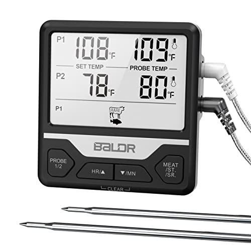 Konsen KS-373 Digital Grill-Thermometer Fleischthermometer Bratenthermometer Backofenthermometer mit 2 Edelstahlsonden, Timer, Hintergrundbeleuchtung, Temperaturbereich -10°C ~ 300°C