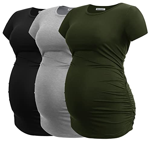 Smallshow Damen Umstandsmode Tops Seitlich Geraffte Schwangerschafts Umstandstop 3er Pack Black/Grey/Army Green M