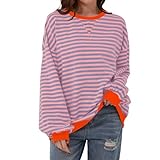 Damen Oversized Sweatshirt Gestreift Color Block Rundhals Langarmshirt Striped Long Sleeve Lässig Lose Pullover Y2K Shirt Casual Oberteile Tops