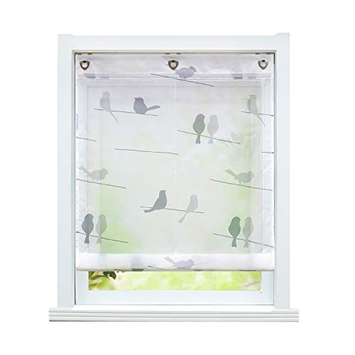 ESLIR Raffrollo ohne Bohren Raffgardine mit Ösen Transparent Gardinen mit U-Haken Ösenrollo Modern Weiß Vögel Muster BxH 100x140cm 1 Stück
