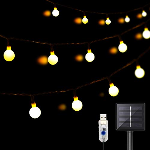 DeepDream Kugel Solar Lichterkette mit USB Stecker, 11M 60 LED Globe Lichterkette 8 Modus Wasserdicht Innen und Außen für Garten, Hochzeit, Balkon, Camping, Weihnachten Deko, Warmweiß
