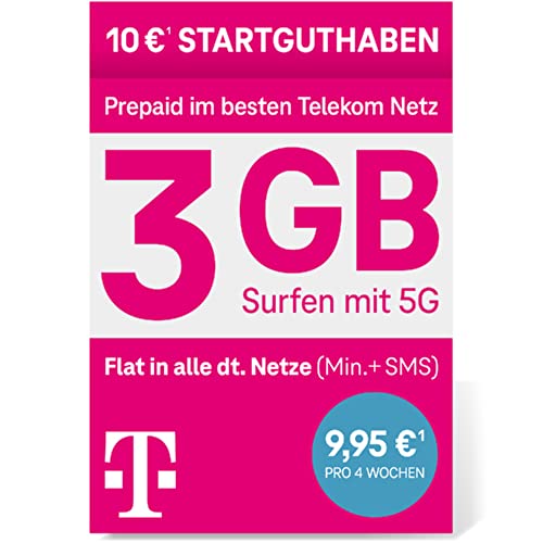 Telekom MagentaMobil Prepaid M SIM-Karte ohne Vertragsbindung, 5G inklusive I + 3 GB & Allnet Flat (Min, SMS) in alle dt. Netze & EU-Roaming I 10EUR Startguthaben