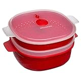 Snips Dampfgarer für die Mikrowelle , Dampfgarer mit 2 Tabletts , Mikrowellenbehälter , 4 Liter , Rot , 26,5 x 22 x 13,5 cm , Made in Italy , 0% BPA and phthalate-free