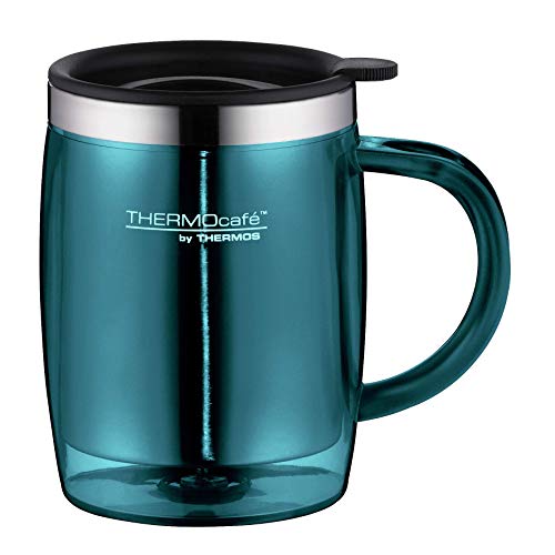 THERMOcafé by THERMOS Bürotasse Desktop Mug 350ml, Thermotasse mit Deckel Kaffeetasse Kunststoff teal, passt direkt unter Kaffeevollautomaten, BPA-Free, für Kaffee o. Tee, hält Getränke länger warm