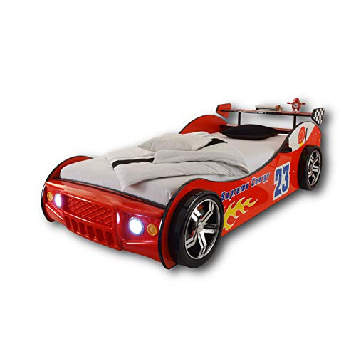 ENERGY Autobett mit LED-Beleuchtung 90 x 200 cm - Aufregendes Auto Kinderbett für kleine Rennfahrer in Rot - 105 x 60 x 225 cm (B/H/T)