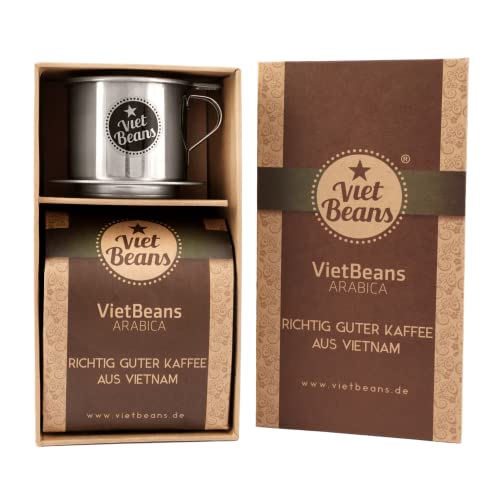 Kaffee Geschenkset - Kaffeegeschenk mit Geschenkbox - 250g Kaffeebohnen 100% Arabica und Handfilter (Café Phin) - Kaffeegeschenke Set Kaffeegeschenkidee