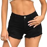 FEOYA Hotpants Denim-Shorts für Damen Hohe Taille Sommer Kurze Hosen Zerrissene Slim Fit Denim Jeans Shorts 05 Schwarz S