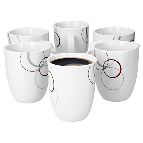 Van Well 6er Set Kaffeebecher Palazzo 33cl - Kaffeetasse aus weißem Porzellan mit Dekor-Kreisen in grau und dunkelrot