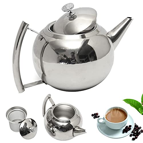 Teekanne Edelstahl mit Siebeinsatz, 1,5 L /2L Wasserkocher Kaffeekanne mit Deckel und Tragegriff, Aufheizbar Teebereiter für alle Duftender Tee und Infusionstee (2L)
