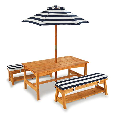 KidKraft 106 Gartentischset mit Bank, Kissen und Sonnenschirm – Marineblau-weiß gestreift