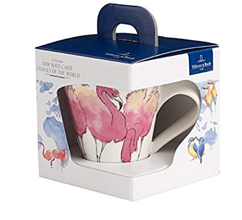 Villeroy und Boch NewWave Caffè Rosa Flamingo Becher mit Henkel Eisvogel, Kaffeebecher mit Animal-Print aus Premium Porzellan, 300 ml