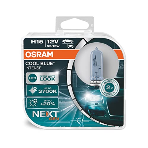 OSRAM COOL BLUE® INTENSE H15, +20% mehr Helligkeit, bis zu 3.700K, Halogen-Scheinwerferlampe, LED-Look, Duo Box (2 Lampen), 64176CBN-HCB