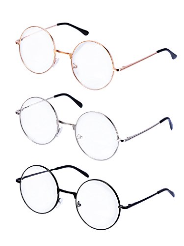 eBoot Metall Frame Runde Brille Retro Metall Klare Linse Brille, Unisex, Schwarz, Golden, Silbern Farbe, 3 Paar