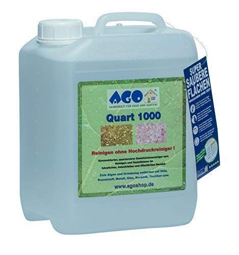 AGO® Quart 1000 Grünbelag Entferner Chlor- und Säurefrei I 5L Flechten & Algen Entferner Konzentrat für 1000qm Fläche