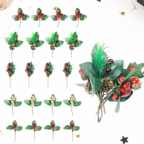 ZIOYA 20 Stück Künstliche Tannenzapfen Kleine künstliche Tannenzweige Künstliche Weihnachtsbeeren Tischdeko Weihnachtsdeko für DIY Weihnachten Basteln Kranz Adventskranz Deko