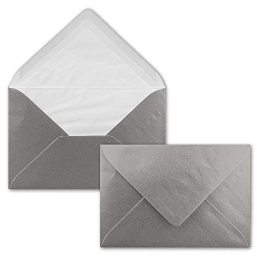 75 Brief-Umschläge Silber Metallic Glänzend - DIN C6 - gefüttert mit weißem Seidenpapier - 90 g/m² - 11,4 x 16,2 cm - Nassklebung - NEUSER PAPIER