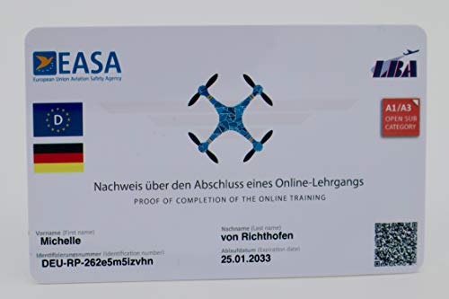 Roboterwerk Drohnenführerschein nach LBA-Vorgaben - EU-Kompetenznachweis A1/A3 und A2, mit QR-Code + Landesfahne, Scheckkartengröße, hochwertige Plastikkarte mit über 600dpi