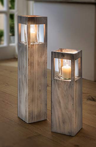 Windlicht-Säule “Shabby-Charme” groß aus Holz & Glas, 70 cm hoch, Kerzenhalter, Kerzenständer, Dekosäule