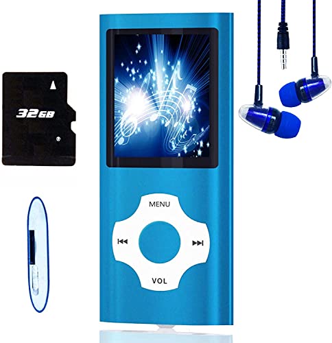Hotechs MP3-Player/MP4-Player, MP3-Player mit 32 GB Speicherkarte, schlankes Design, digitales LCD-Display, 4,6 cm (1,8 Zoll) Display, FM-Radio (Blau mit Weiß)