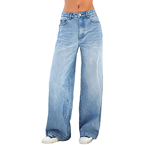 Sawmew Damen High Waist Jeans Y2K E-Girl Frauen Jeanshosen Gradient Baggy Vintage Wide Leg Schlaghose 90er Jahre Ästhetische Koreanische Hose Harajuku Stretch Lange Cargo Pants, Blau, S