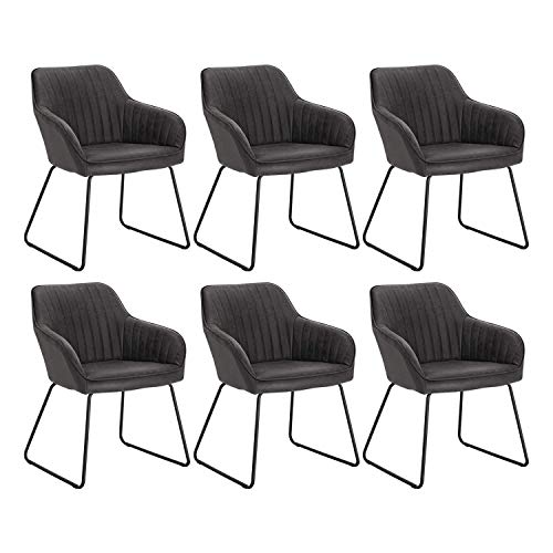 WOLTU 6 x Esszimmerstühle 6er Set Esszimmerstuhl Küchenstuhl Polsterstuhl Design Stuhl mit Armlehne, mit Sitzfläche aus Kunstleder, Gestell aus Metall, Antiklederoptik, Grau, BH140gr-6