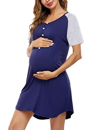 Aibrou Stillnachthemd Damen Kurzarm Nachthemd Stillshirt mit Knopfleiste, Umstandskleid Baumwolle V Ausschnitt Umstandsnachthemd Schlafanzug für Schwangere oder stillende Frauen Stil 1:Marineblau M