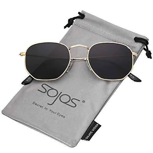 SOJOS Mode Polygon Sonnenbrille Damen Herren Verspiegelte Linse Leichte Unisex Brille SJ1072 mit Gold Rahmen/Grau Linse