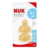 NUK First Choice+ Latex-Trinksauger, für ein natürliches Trinkgefühl, kiefergerechte Form, Größe 2, ab 6-18 Monate, M für Milch, 2 Stück (1er Pack)