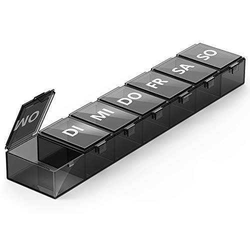 Tablettenbox 7 Tage, XL Groß Pillendose 7 Fächer Pillenbox Medikamentendosierer Woche Deutsch (Weiß) (Schwarz) (Schwarz)