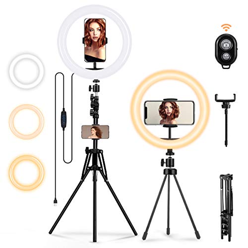 MOHOO Ringleuchte Licht, Ringlicht mit 2er Stativ-Außen Live Stream 3000-6000K dimmbare LED Ringlicht Lampenstativ Bluetooth-Empfänger 10 Zoll 3 Farbe 10 Helligkeit für YouTube Tiktok Selfie Makeup