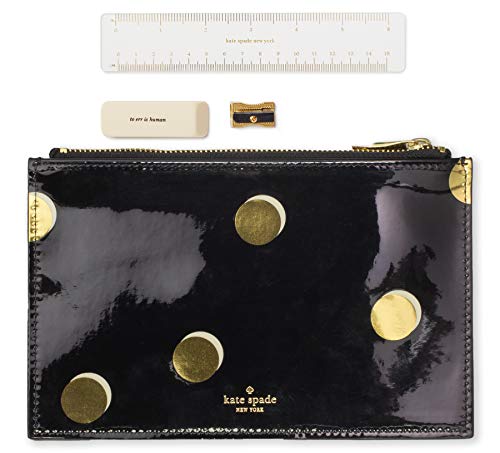 Kate Spade New York Black/Gold Pencil Pouch, Leatherette Travel Zipper Pouch/Clutch, Scatter Dot