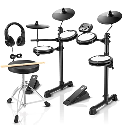 Donner E-Drum-Set, E-Drum-Set für Anfänger mit 180 Sounds, leises Mesh-Drum-Set mit robusten Pedalen, Drum-Thron, Sticks, Kopfhörer inklusive, leicht und tragbar (DED-80, neu aufgerüstet)
