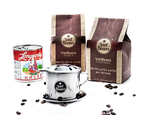 Vietnamesisches Kaffee-Starterset VietBeans gemahlen - 2 x 250g gemahlener Röstkaffee + Filter (Phin) + gez. Kondensmilch - Kaffee Vietnam - Traditional und 100% Arabica