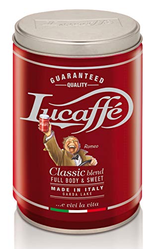 Lucaffé Klassischer gemahlener Kaffee, 250 g Aroma sparend im Stahlglas, gemahlener Kaffee 80% Arabica 20% robust, süßer Geschmack, geröstetes Aroma mit Haselnussnoten, weicher Körper