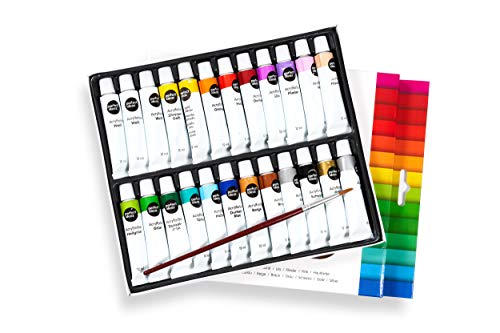 perfect ideaz 24 Tuben á 12 ml Acryl-Farbe-Set Bunt mit Pinsel, 22 Verschiedene Kreativ-Mal-Farben, Hoher Anteil an Farb-Pigmenten, Acrylic Paint Hoch-Deckend & Schnell-Trocknend, Zum Malen & Zeichnen