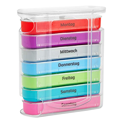 WELLGRO Tablettenbox für 7 Tage, Pillendose je 4 Fächer pro Tag, Medikamentenbox Kunststoff BPA-frei, Farbe wählbar, Farbe:Bunt